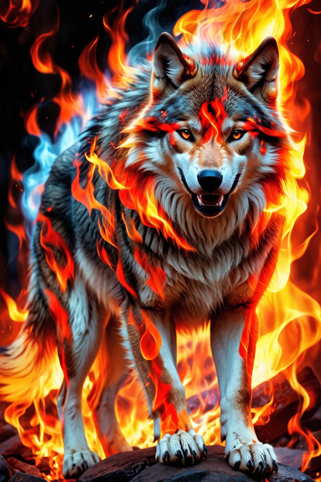 a wolf in fire,fire aura,flames