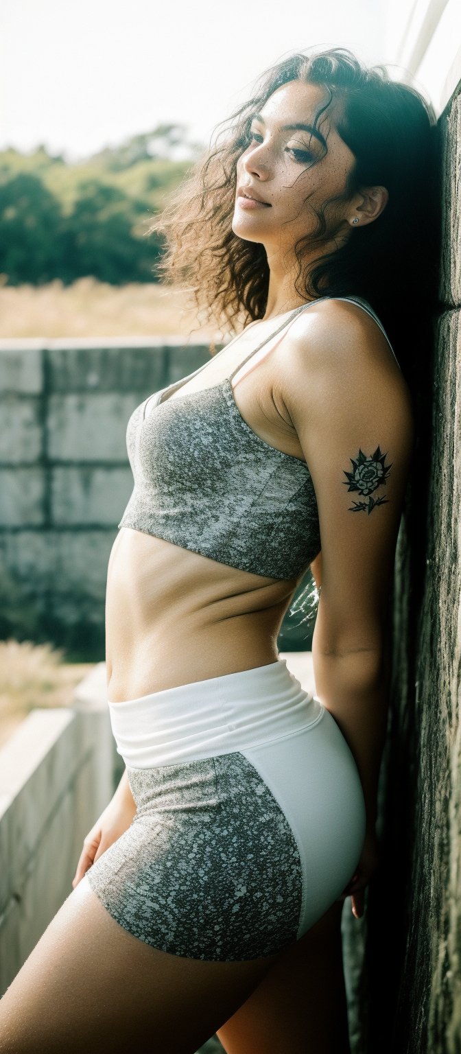 A stunning Nordic girl stands proudly against a moss concrete wall, bathed in warm sunlight. Her porcelain-doll complexion glows with a subtle sheen, showcasing realistic skin textures. Her striking features are framed by luscious locks of long, curly hair that cascade down her back like a golden waterfall.

Her piercing blue eyes, accentuated by thick lashes and defined eyebrows, seem to sparkle with an inner light. A scattering of freckles across the bridge of her nose adds to her natural beauty.

She wears a crisp white and grey Qatar Airways Chelsea football team jersey, emblazoned with the airline's logo on the chest. The black text and intricate design within the circle catch the eye, while Puma's jumping cat logo sits below. A sleeveless arm is visible, showcasing vibrant tattoos that dance across her skin.

The moss concrete wall behind her provides a lush, earthy backdrop, subtly textured to evoke a sense of aged stone.