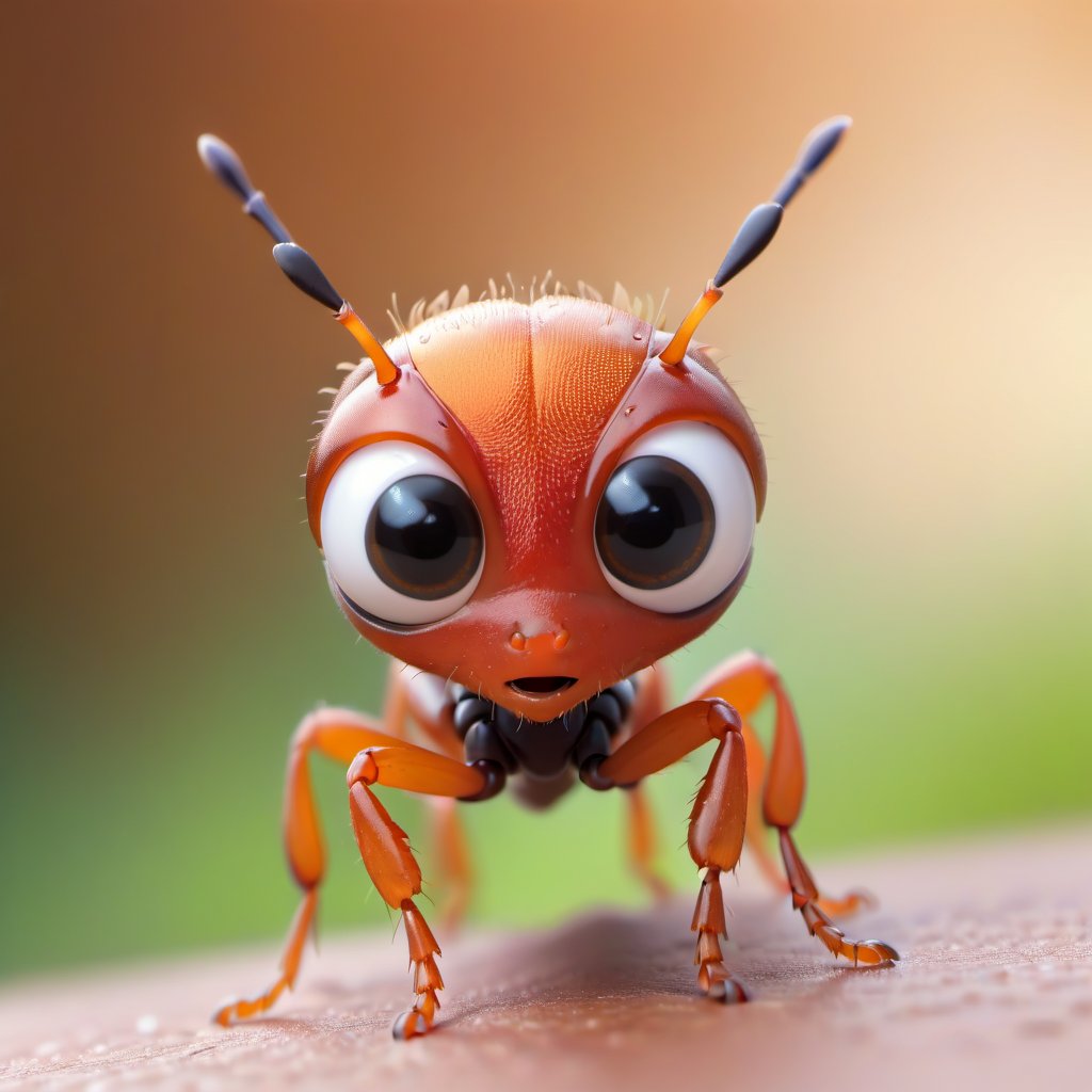 A close-up shot of a tiny, courageous red-orange ant with large, expressive eyes, set against a soft, blurred background, highlighting its bold stance and vibrant color.