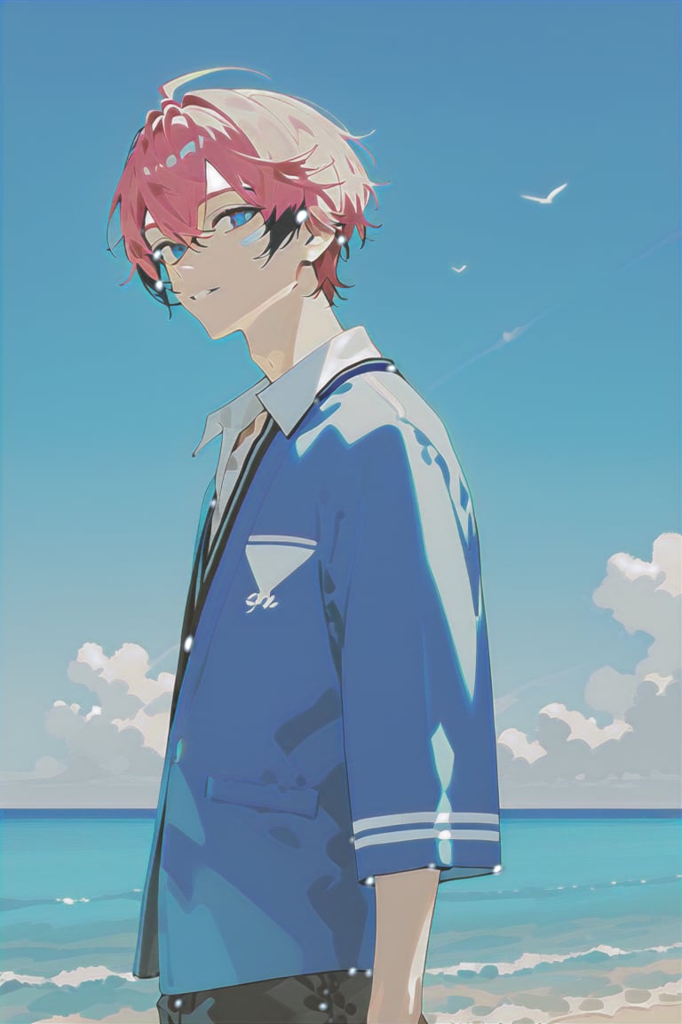 solo,matured male,25years old man,akagi_wen,best quality,amazing quality,SCORE_9,SCORE_8 UP,SCORE_7 UP,high resolution,pink_hair,multicolored hair,blue eyes,blue sky,altostratus,from_side,COWBOY SHOT