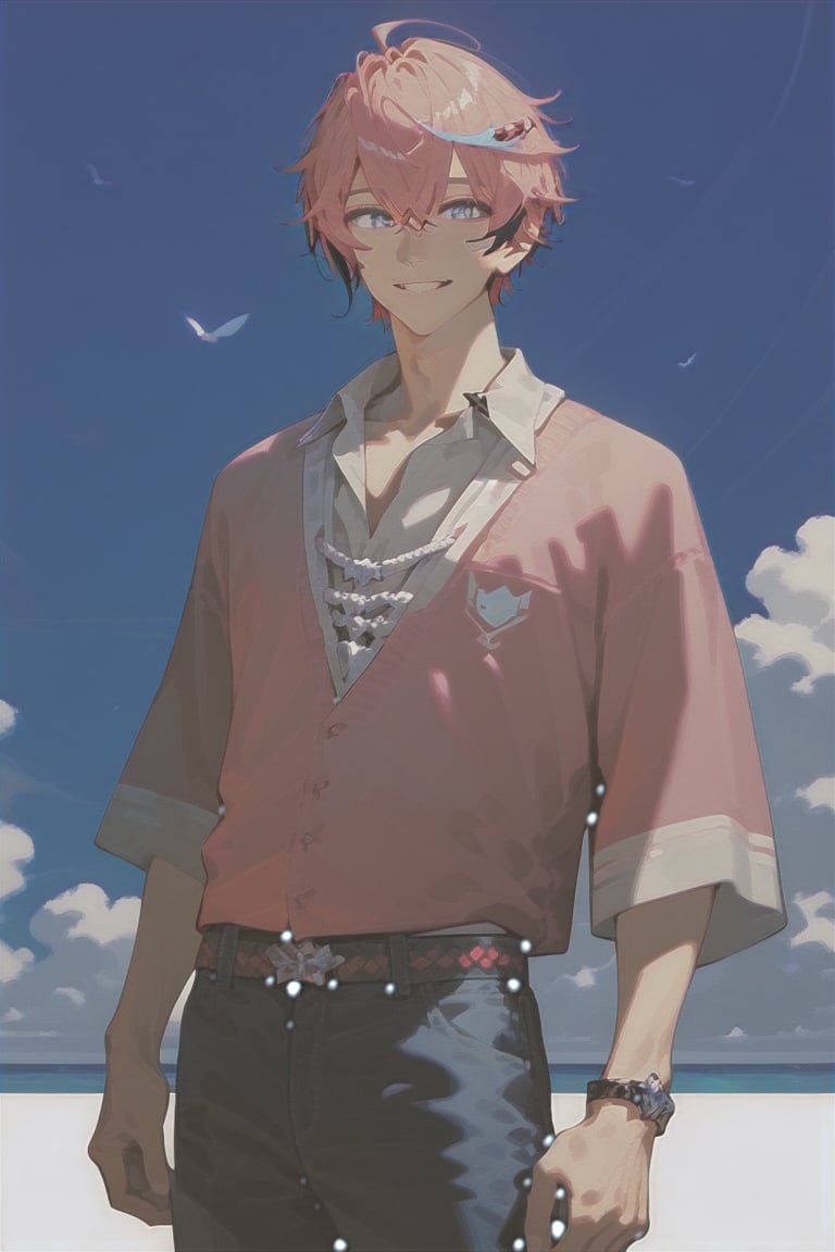 solo,matured male,25years old man,akagi_wen,best quality,amazing quality,SCORE_9,SCORE_8 UP,SCORE_7 UP,high resolution,pink_hair,multicolored hair,blue eyes,COWBOY SHOT