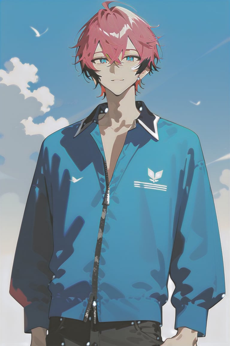 solo,matured male,25years old man,akagi_wen,best quality,amazing quality,SCORE_9,SCORE_8 UP,SCORE_7 UP,high resolution,pink_hair,multicolored hair,blue eyes,blue sky,altostratus