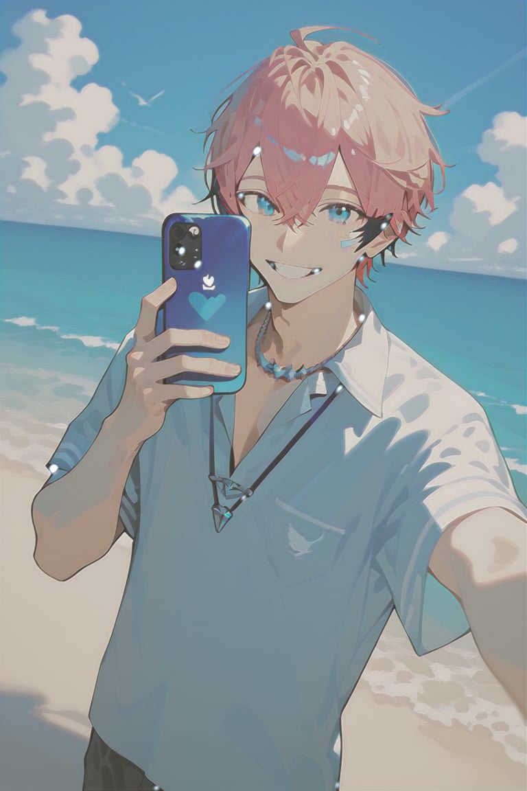 solo,matured male,25years old man,akagi_wen,best quality,amazing quality,SCORE_9,SCORE_8 UP,SCORE_7 UP,high resolution,pink_hair,multicolored hair,blue eyes,seaside,blue sky,altostratus,selfie,COWBOY SHOT