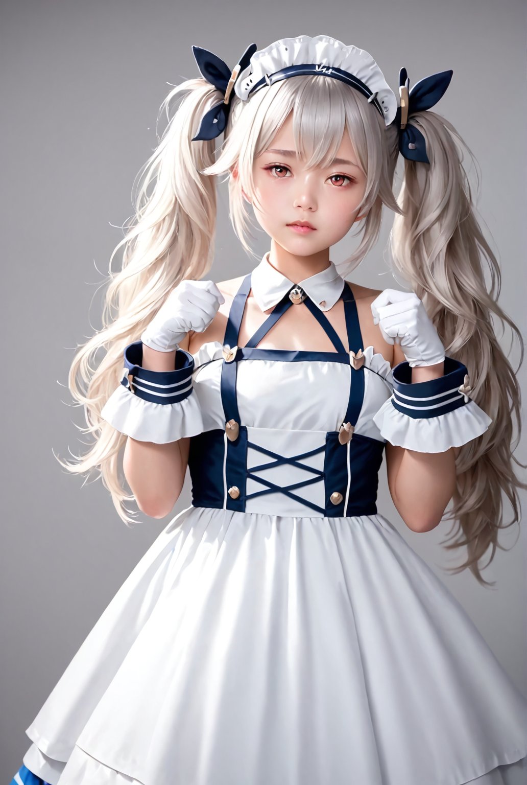 1girl, solo,(Best quality:1.0),(masterpiece:1.0),photorealism,cowboy shot,BREAK,lazy pose,facing front,BREAK,laffey \(azur lane\),maid uniform,frills,white glove,maid headress,emotionless