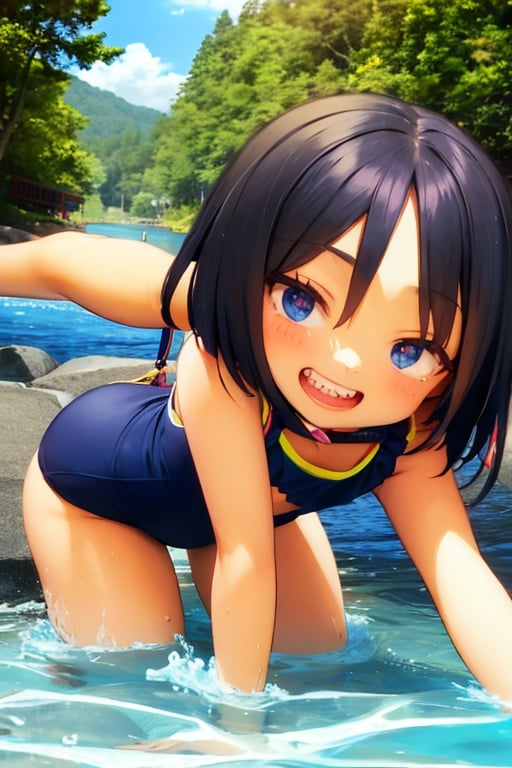 Mesugaki,2 10 years old girls,smiling face, short sleeve clothes,summer,and Attack is Tease with a bewitching smile,small river,school swimwear,Nature,double teeth,