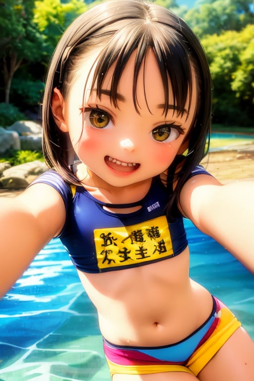 Mesugaki,10 years old,smiling face, short sleeve clothes,summer,and Attack is Tease with a bewitching smile,small river,school swimwear,Nature,double teeth,