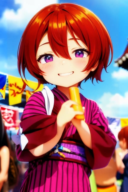 Mesugaki,10 years old,smiling face, short sleeve clothes,summer,and Attack is Tease with a bewitching smile,Summer festival,yukata