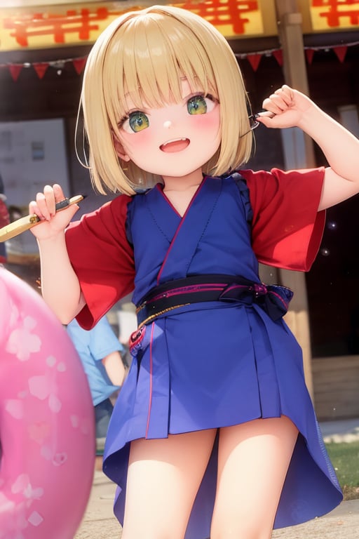 Mesugaki,10 years old,smiling face, short sleeve clothes,summer,and Attack is Tease with a bewitching smile,Summer festival,yukata