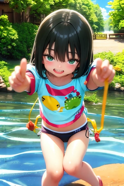 Mesugaki, 10 years old,smiling face, short sleeve clothes,summer,and Attack is Tease with a bewitching smile,small river,school swimwear,Nature,double teeth