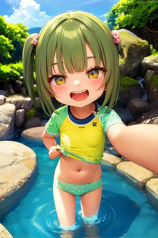 Mesugaki,10 years old,smiling face, short sleeve clothes,summer,and Attack is Tease with a bewitching smile,small river,school swimwear,Nature,double teeth,