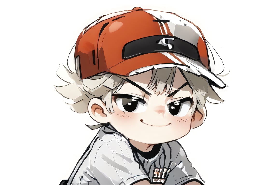 blush, simple background, gloves, red helmet, white background, back to back, white gloves, 2boys, sportswear, baseball uniform,blond hair,black eyes, twins,smirk