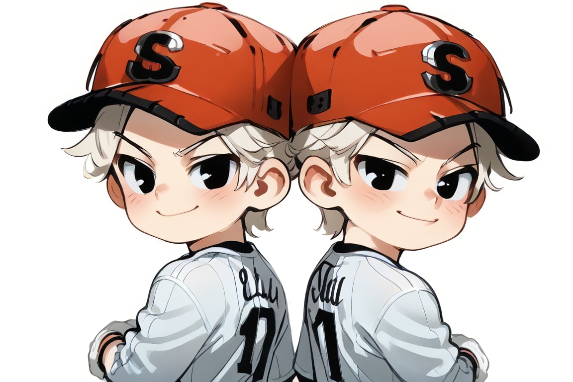 blush, simple background, gloves, red helmet, white background, back to back, white gloves, 2boys, sportswear, baseball uniform,blond hair,black eyes, twins,smirk