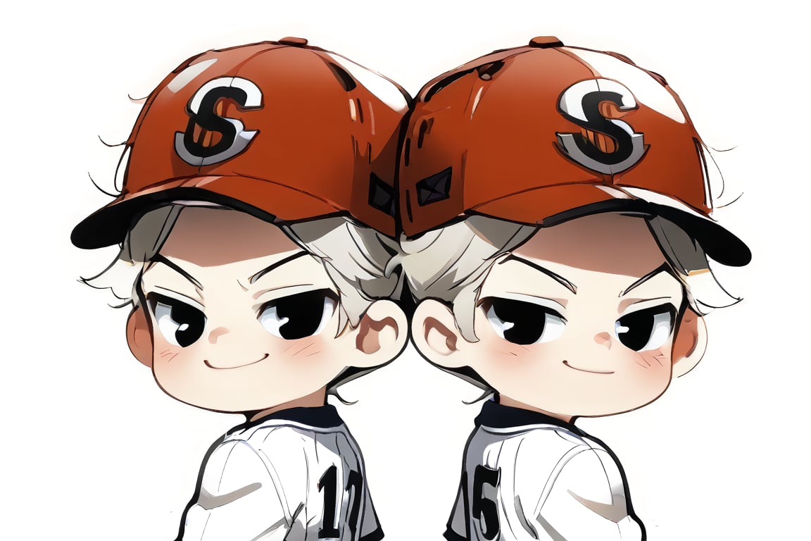 blush, simple background, gloves, red helmet, white background, back to back, white gloves, 2boys, sportswear, baseball uniform,blond hair,black eyes, twins,smirk