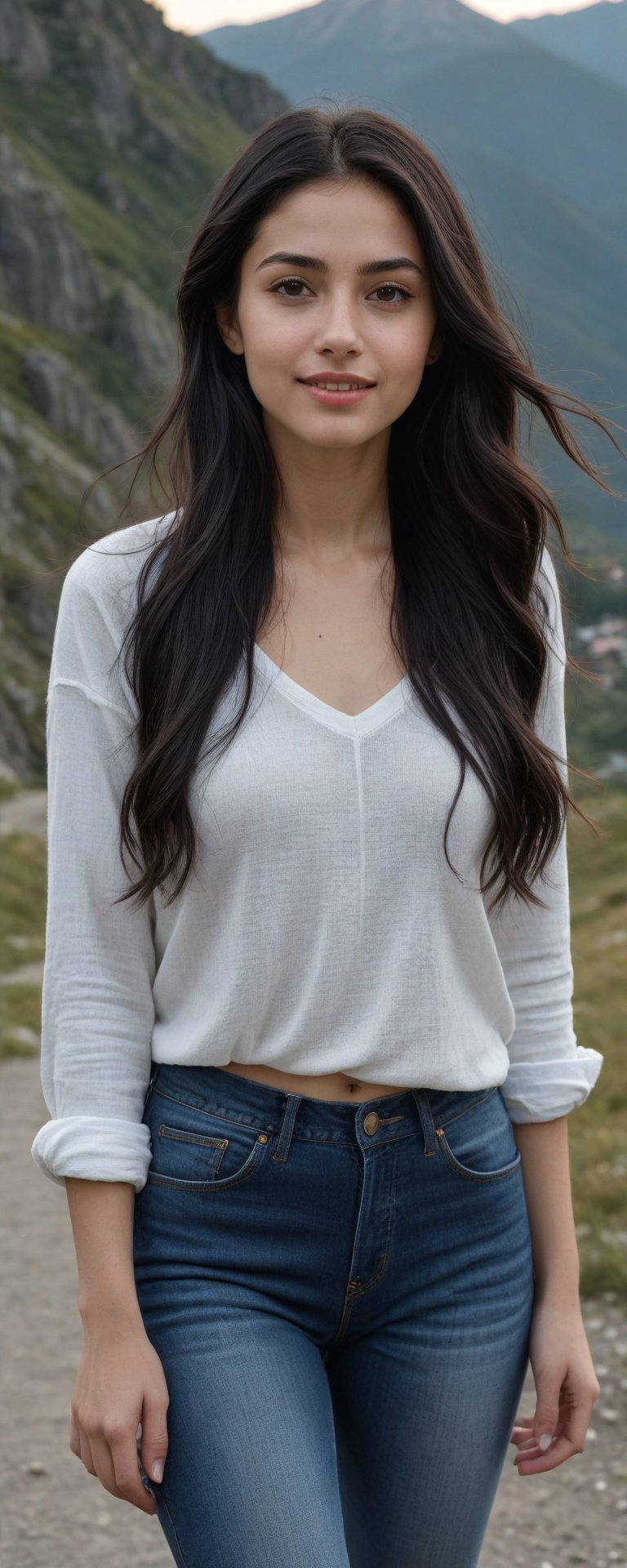 (masterpiece, best quality, ultra-detailed, 8K),high detail, realisitc detailed,
a beautiful young girl with long flowy black hair over shoulders in the dark, jeans outfits,   brown eyes, pale soft skin, kind smile, glossy lips, a serene and contemplative mood, setting on the top of the mountain, some people walking in the street. making Victory Hand Gesture,