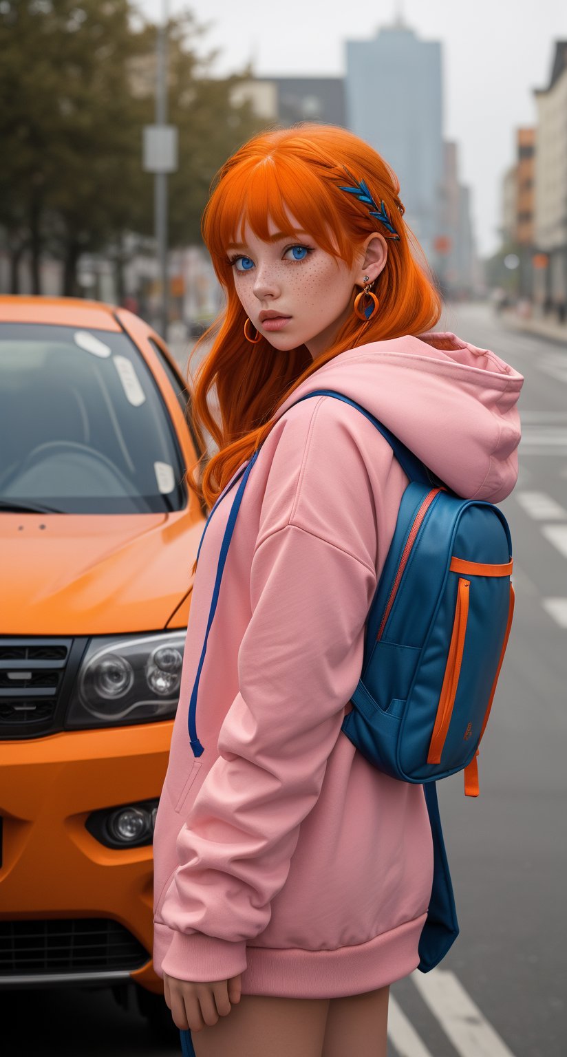 1girl, solo, long hair, blue eyes, hair ornament, jewelry, upper body, earrings, parted lips, hood, bag, orange hair, blurry, lips, hoodie, blurry background, backpack, hood down, ground vehicle, multicolored clothes, freckles, realistic, car, pink hoodie