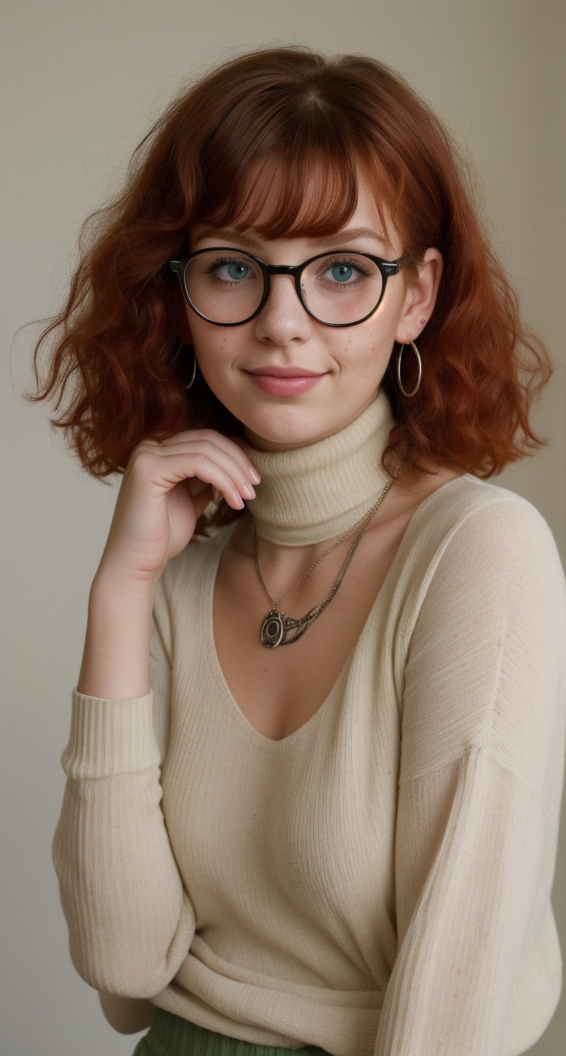 A young woman with striking red hair and piercing green eyes looks directly at the viewer from a slight angle. Her short, curly locks are framed by bangs that sweep across her forehead. A delicate necklace glimmers around her neck, complementing the earrings that adorn her lobes. She wears a black sweater with a turtleneck, cinched at the waist by a small bag slung over her shoulder. Her parted lips curve into a subtle smile, and her glasses perched on the end of her nose add to her charm. Freckles scatter across her cheeks, giving her a whimsical touch.