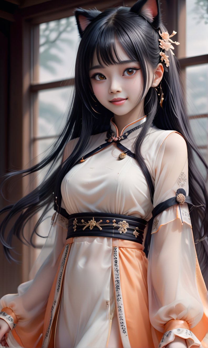 (masterpiece, best quality, ultra-detailed, best shadow), (beautiful detailed face), high contrast, (best illumination, an extremely delicate and beautiful), ((cinematic light)), colorful, hyper detail, dramatic light, intricate details, fantasy, (1,25 year old girl, toothy smile,black hair,big black eyes, flat chest, (sleeves transparent light orange hanfu:1.3), dynamic angle), depth of field,golden light particles,magic circle,hyper detailed, highly detailed , beautiful, small details, ultra detailed, best quality, 4k, (good anatomy), more detail XL, opaque dress, cut sleeves, black hair, black eyes, long hair, straight hair,  jewelry, earrings, hair accessories , jewelry