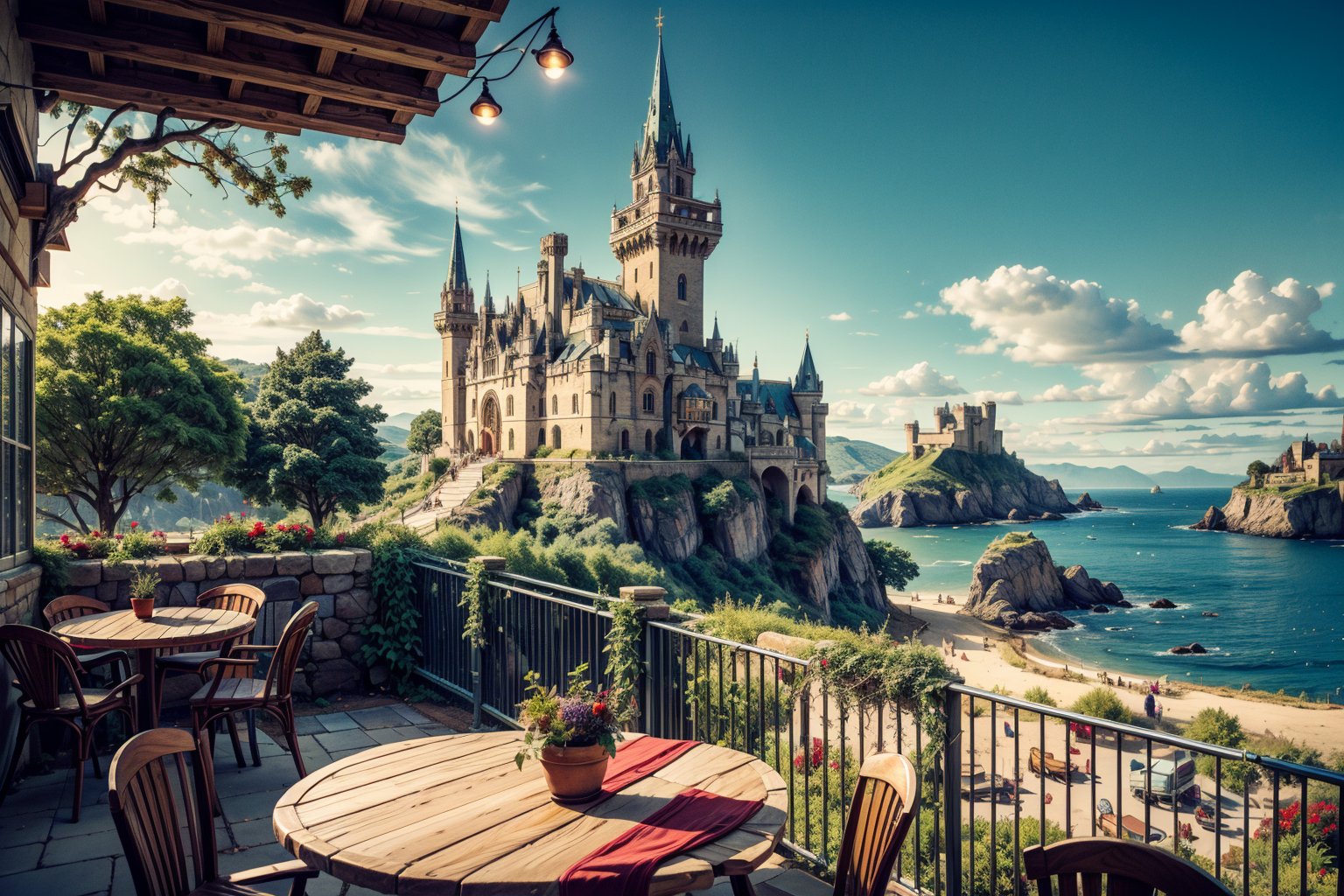 (4k), (masterpiece), (best quality), (extremely intricate), (realistic), (sharp focus), (award winning), (cinematic lighting), (extremely detailed),

High elven castle of white stone with towers and spires,Mountains and sea in the background,There are tables, chairs and flower pots in the courtyard. There are bread, cakes, fruits and coffee on the table.,TreeAIv2 ,Isometric_Setting,DonMF43