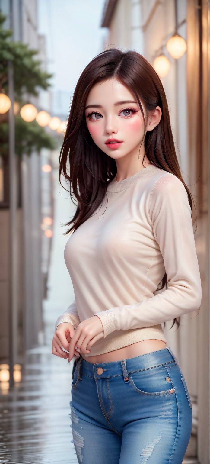 1girl,8k wallpaper,extremely detailed figure, amazing beauty, detailed characters, indoor,light   
brown sweater and jeans, light and shadow, depth of field, light spot, reflection,upper body,nigth,street,Enhance,Eurasian,toothy smile,small breasts