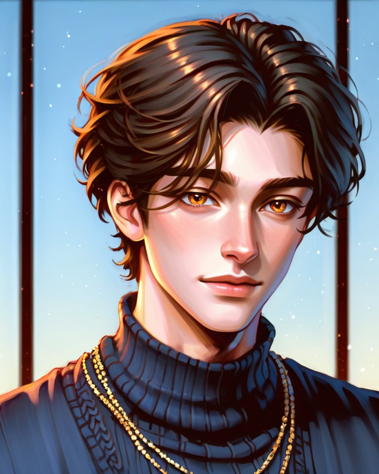 score_9, score_8_above, (1 man), artwork, best quality, high resolution, beautiful figure painting,  front view, hdr ,ultra quality, elegant, highly detailed,Wearing dark blue V-neck sweater,smile, dark black eyes,short hair,dark brown hair