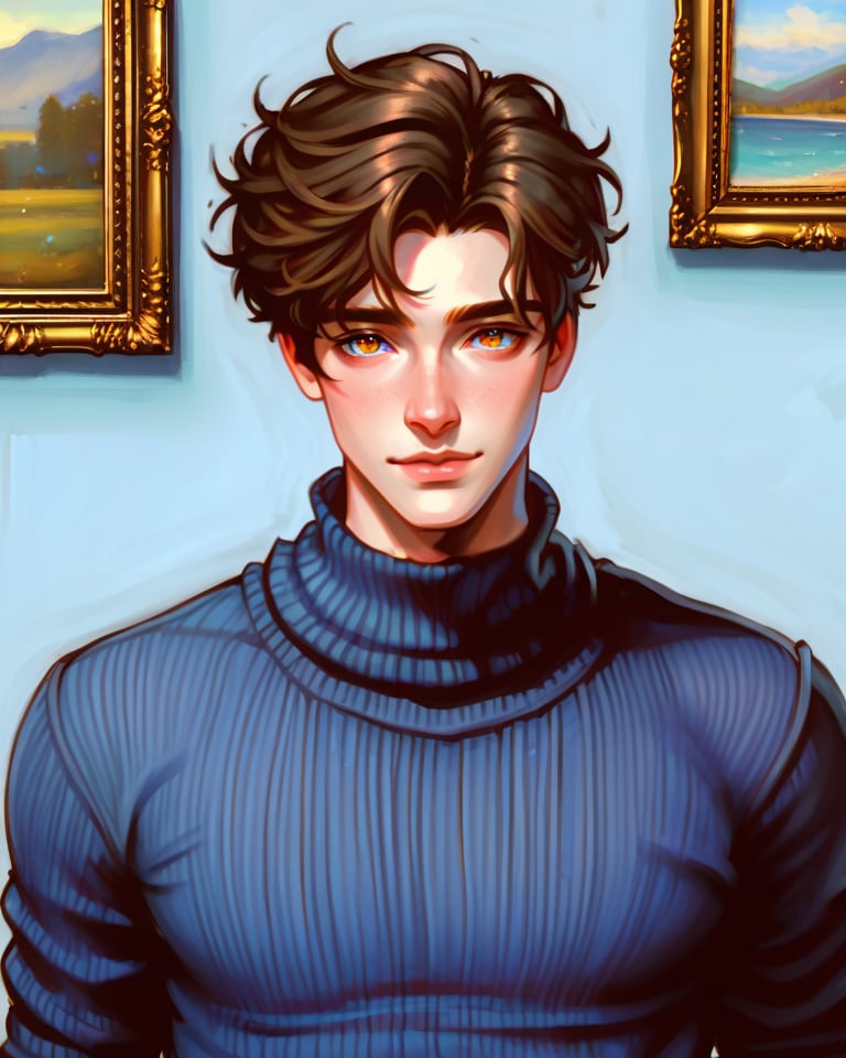 score_9, score_8_above, (1 man), artwork, best quality, high resolution, beautiful figure painting,  front view, hdr ,ultra quality,highly detailed,Wearing dark blue V-neck sweater,smile, dark black eyes,short hair,dark brown hair