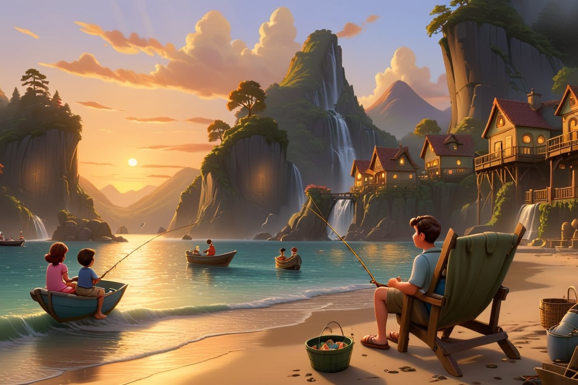 When the sun drops below the horizon, cartoon Disney, there are mountains and waterfalls, the sea, villages, and boats on the seashore. People are sitting on chairs fishing around the shore. There are fish buckets and fishing gear next to the chairs.