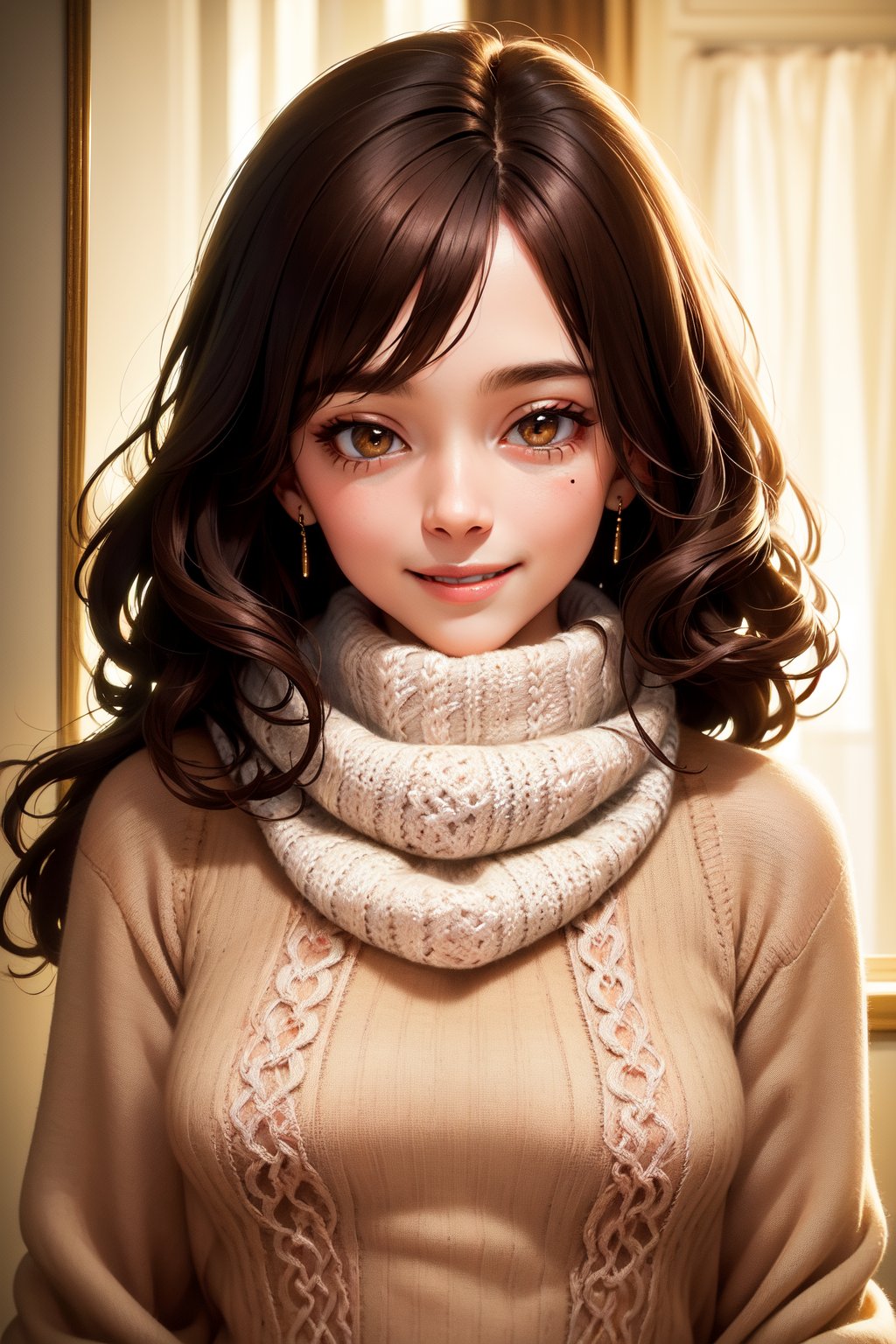 (masterpiece, best quality, hires, high resolution:1.2), (beautiful, aesthetic, perfect, delicate, intricate:1.2), (cute, adorable), (depth of field:1.2), (1girl, solo), (a mature woman), (brown medium long hair),(scarf), (knit sweater:1.2),(smile),(upper body),(small breasts)