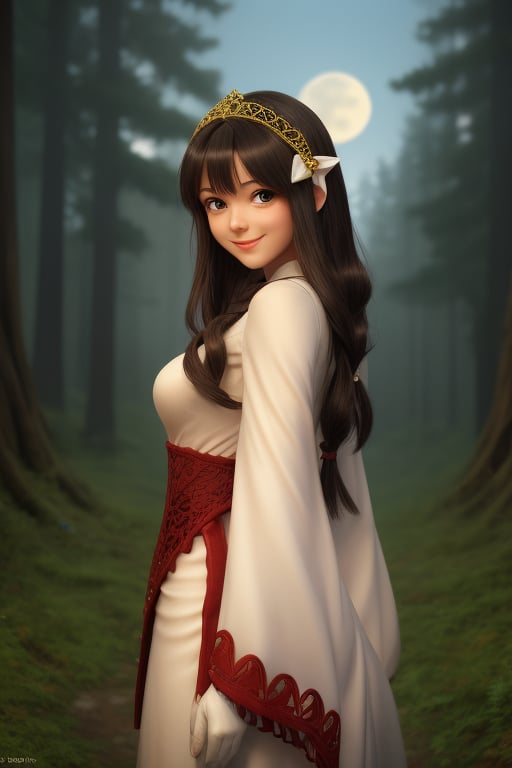 (FILIGREE:1.4), dr24whitemage,masterpiece,extremely detailed CG unity 8k wallpaper,1girl, beautiful, realistic, blurry_background, blurry_foreground, UPDO HAIR, depth_of_field,beautiful face, gloves, evergreen forest, DISNEY STYLE, PIXAR STYLE, FOGGY BACKGROUND, dr24whitemage, 1girl, garnet til alexandros xvii, brown eyes, black hair, full moon, looking at viewer, official alternate costume, smile, medium long hair, Front view