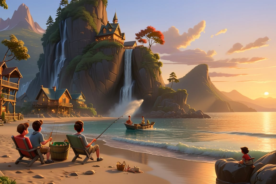 When the sun drops below the horizon, cartoon Disney, there are mountains and waterfalls, the sea, villages, and boats on the seashore. People are sitting on chairs fishing around the shore. There are fish buckets and fishing gear next to the chairs.