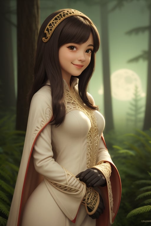 (FILIGREE:1.4), dr24whitemage,masterpiece,extremely detailed CG unity 8k wallpaper,1girl, beautiful, realistic, blurry_background, blurry_foreground, UPDO HAIR, depth_of_field,beautiful face, gloves, evergreen forest, DISNEY STYLE, PIXAR STYLE, FOGGY BACKGROUND, dr24whitemage, 1girl, garnet til alexandros xvii, brown eyes, black hair, full moon, looking at viewer, official alternate costume, smile, medium long hair, Front view