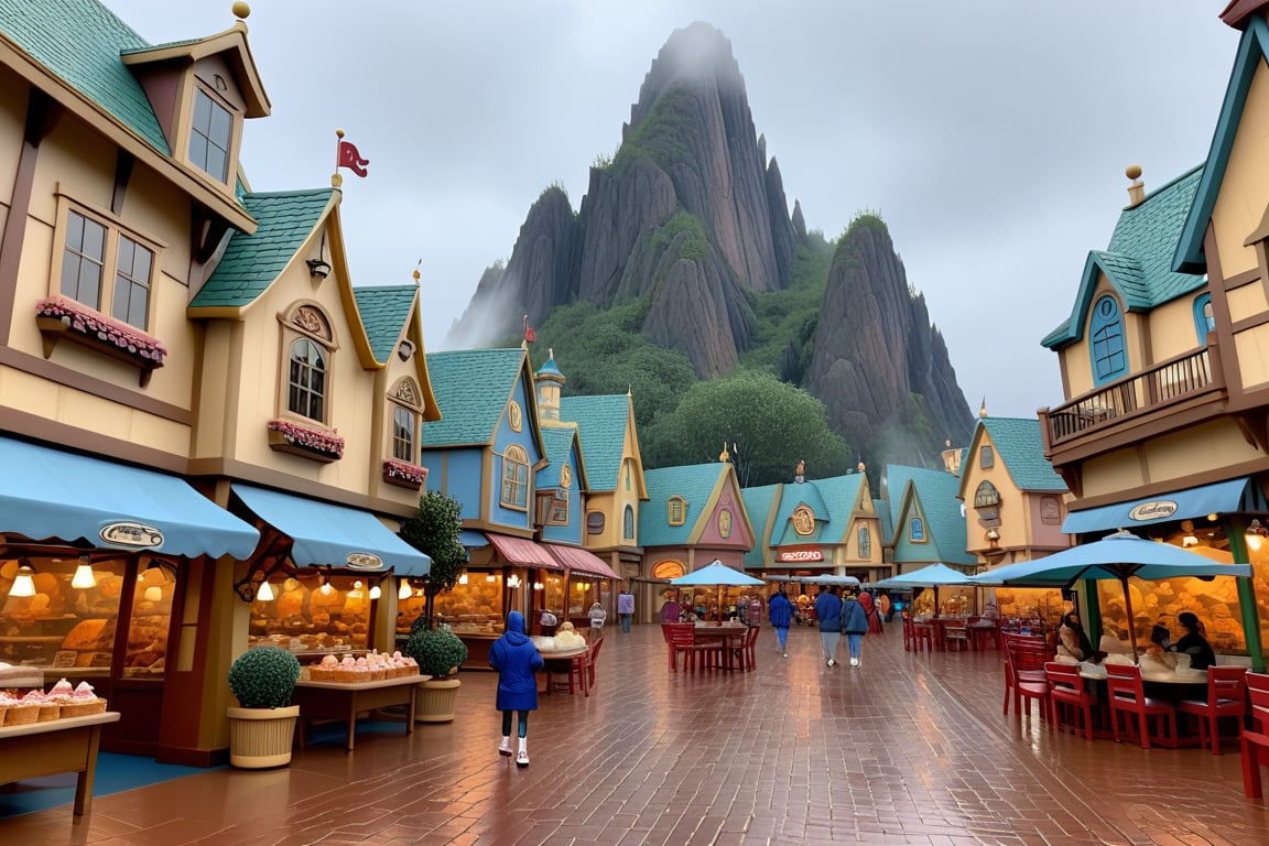 In the cartoon Disney village, ((there are mountains, seas, and boats)), it is cloudy and raining heavily, and there are familiar sounds and sights, including cake shops, bookstores, flower shops, and coffee restaurants.