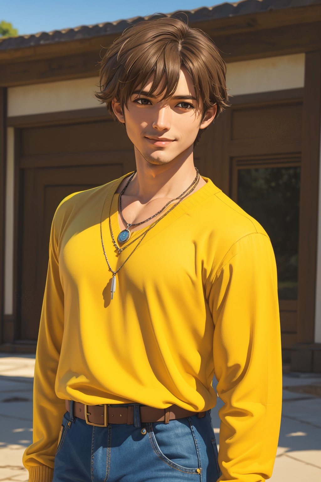 1girl, solo, Toji Ide, oil painting, impasto, looking at viewer, a handsome young man, 36 years old, short brown hair, light_brown eyes, tribal necklace, urban outfit, baggy outfit, multicolor outfit,v-neck yellow sweater, jeans, psychedelic  landscape background, masterpiece, nijistyle, niji, ,sciamano240, soft shading, fantasy, toji ide,Smile, Upper body photo, front photo,