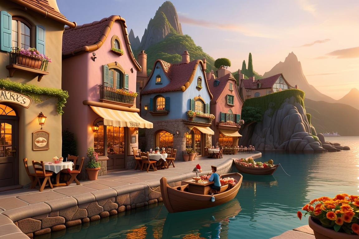 As the sun dipped below the horizon, the village has bakeries, bookstores, restaurants, flower pots and gardens, mountains and sea, the familiar sounds and sights. cartoonish disney, there is a boat, there are round tables outside the cake shop, and people are sitting and eating cake and coffee