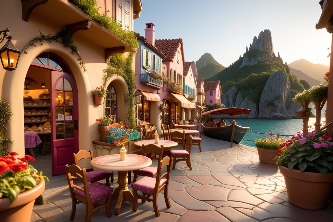 As the sun dipped below the horizon, the village has bakeries, bookstores, restaurants, flower pots and gardens, mountains and sea, the familiar sounds and sights. cartoonish disney, there is a boat, there are round tables outside the book shop, and people are sitting reading books