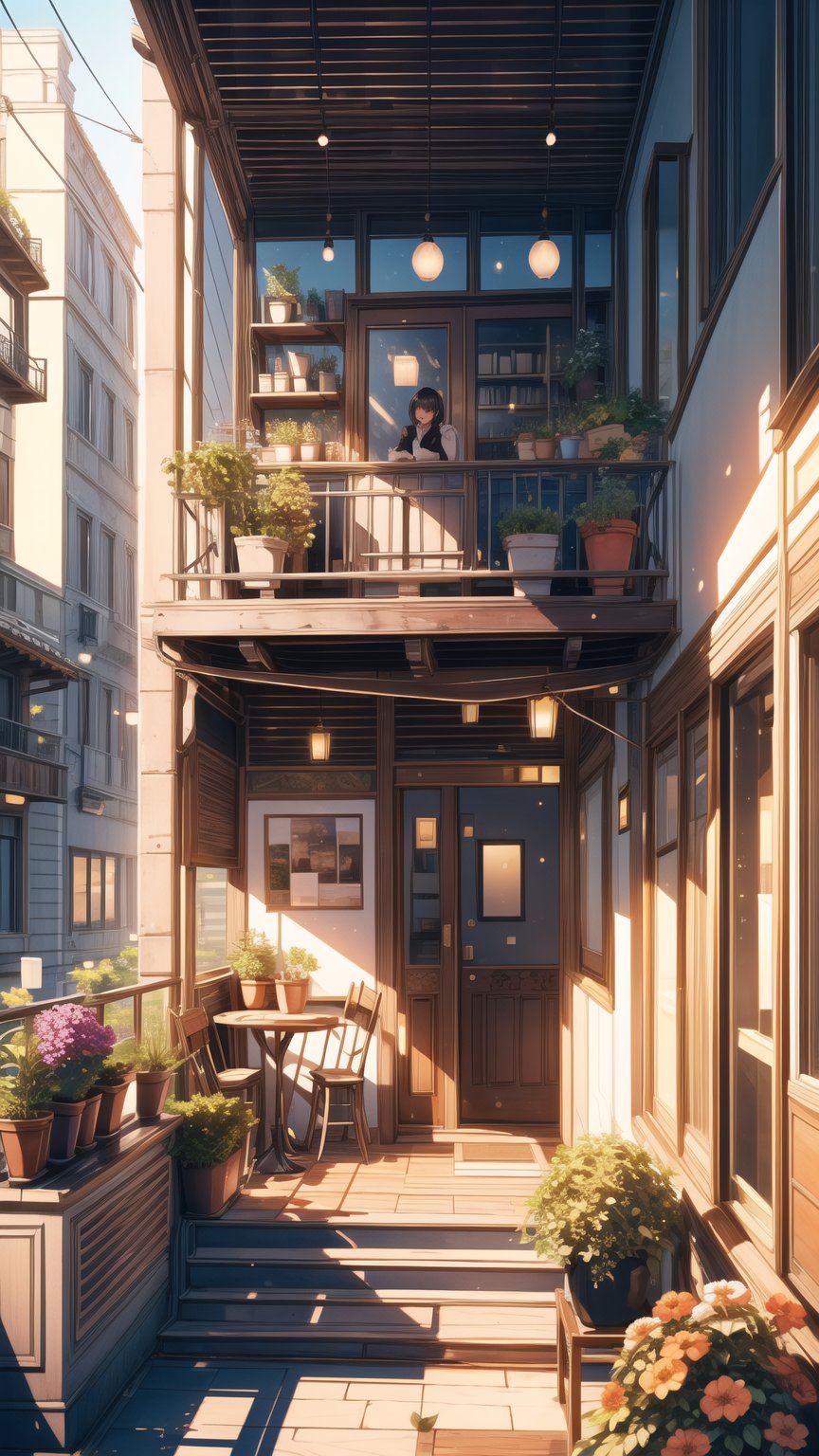 (masterpiece),((ultra-detailed)), (highly detailed CG illustration),(expressionless), (best quality:1.2), High quality texture, intricate details, detailed texture, High quality shadow, Cinematic Light, Depth of field, light source contrast, perspective, no humans

A building with a balcony with potted plants on the balcony, photorealistic painting by jeonseok lee, no splash, beautiful and aesthetic, cozy coffee shop background, cafe, art house aesthetic, flower shop scene, art house aesthetic, beautiful terrace, Pleasant and cozy atmosphere, cozy place, coffee shop