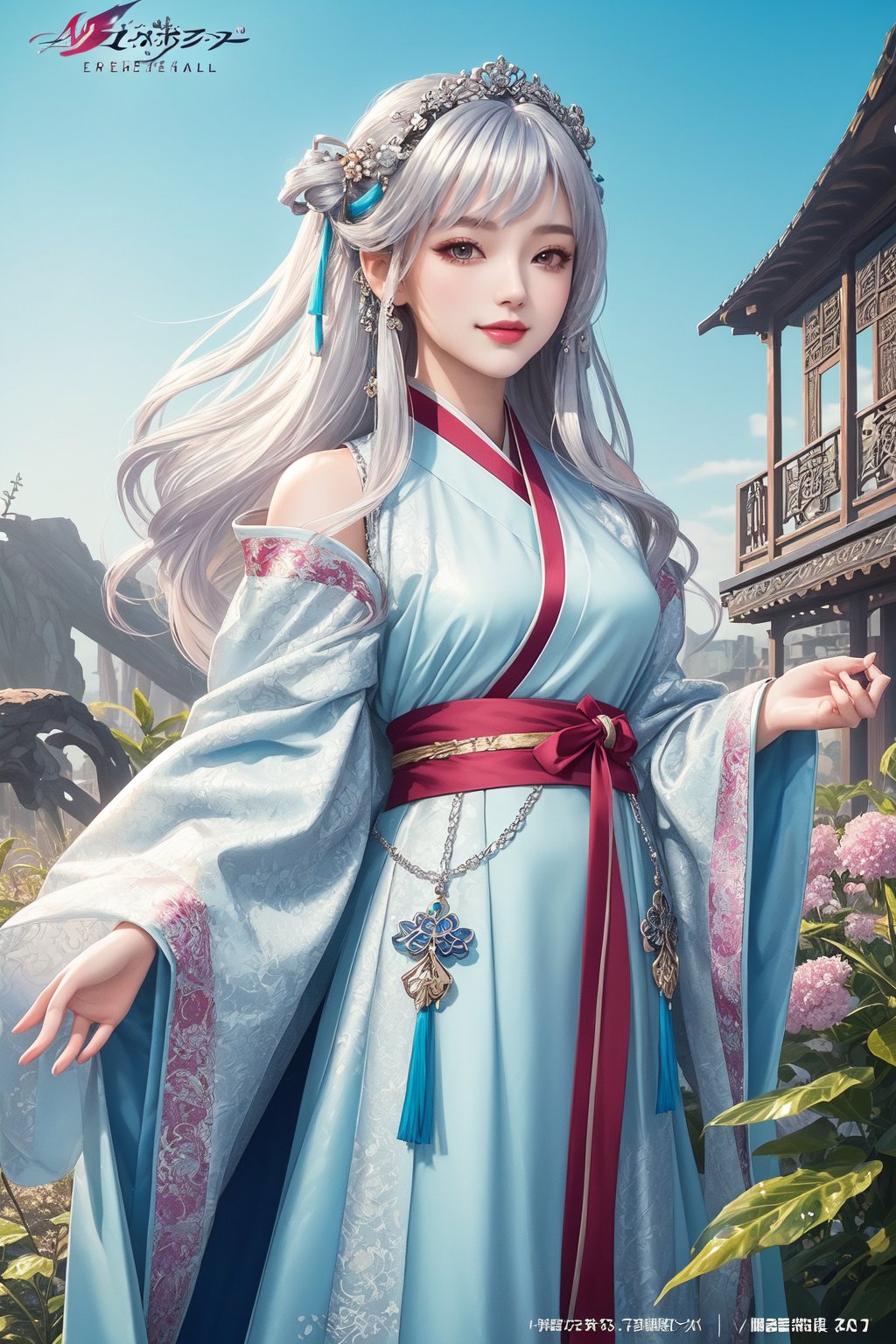 (masterpiece, top quality, best quality, official art, beautiful and aesthetic:1.2), (1girl:1.2),Fairy spirit, extreme detailed,,(silver_hair:1.1), fate \(series\), colorful,highest detailed,(splash_art:1.2), jewelry:1.4, hanfu, scenery, ink, smily,Straight hair, long sleeves and elegant Hanfu,Half-length photo