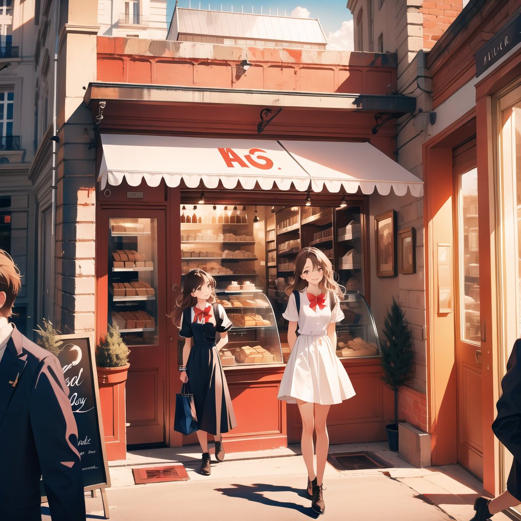 Masterpiece, Top Quality, High Definition, Artistic Composition, One Girls, French Bakery, Shopping Inside, Old Building, Looking Away, Smiling, Casual Fashion, Bold Composition, High Contrast, Portrait