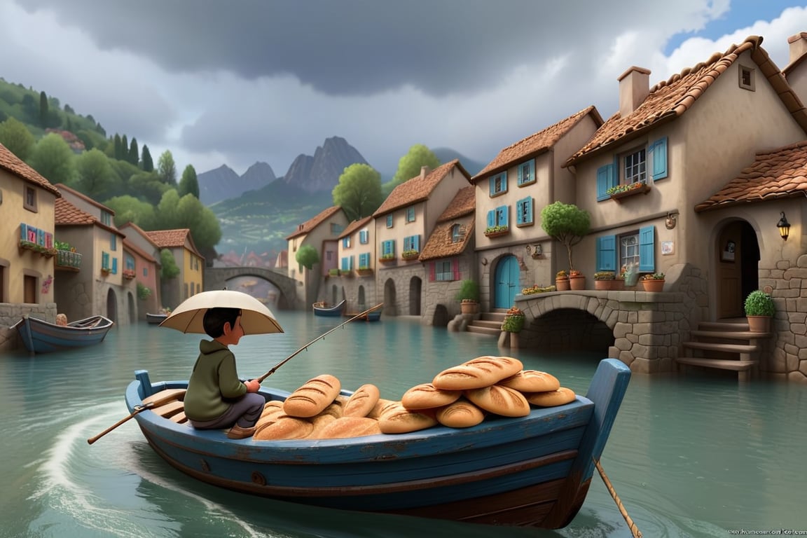 It was cloudy and raining, and there were familiar sounds and sights, cartoons and Disney, mountains and sea ((someone was sitting on a boat fishing)), and there was a bakery in the village and people were buying bread.