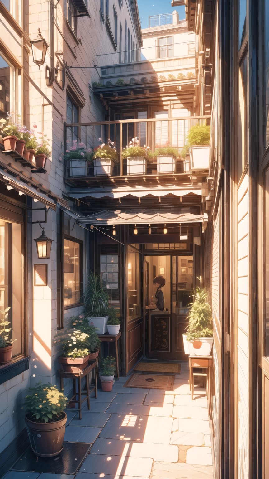 (masterpiece),((ultra-detailed)), (highly detailed CG illustration),(expressionless), (best quality:1.2), High quality texture, intricate details, detailed texture, High quality shadow, Cinematic Light, Depth of field, light source contrast, perspective, no humans

A building with a balcony with potted plants on the balcony, photorealistic painting by jeonseok lee, no splash, beautiful and aesthetic, Cozy bakery background, bakery, art house aesthetic, flower shop scene, art house aesthetic, beautiful terrace, Pleasant and cozy atmosphere, cozy place, coffee shop