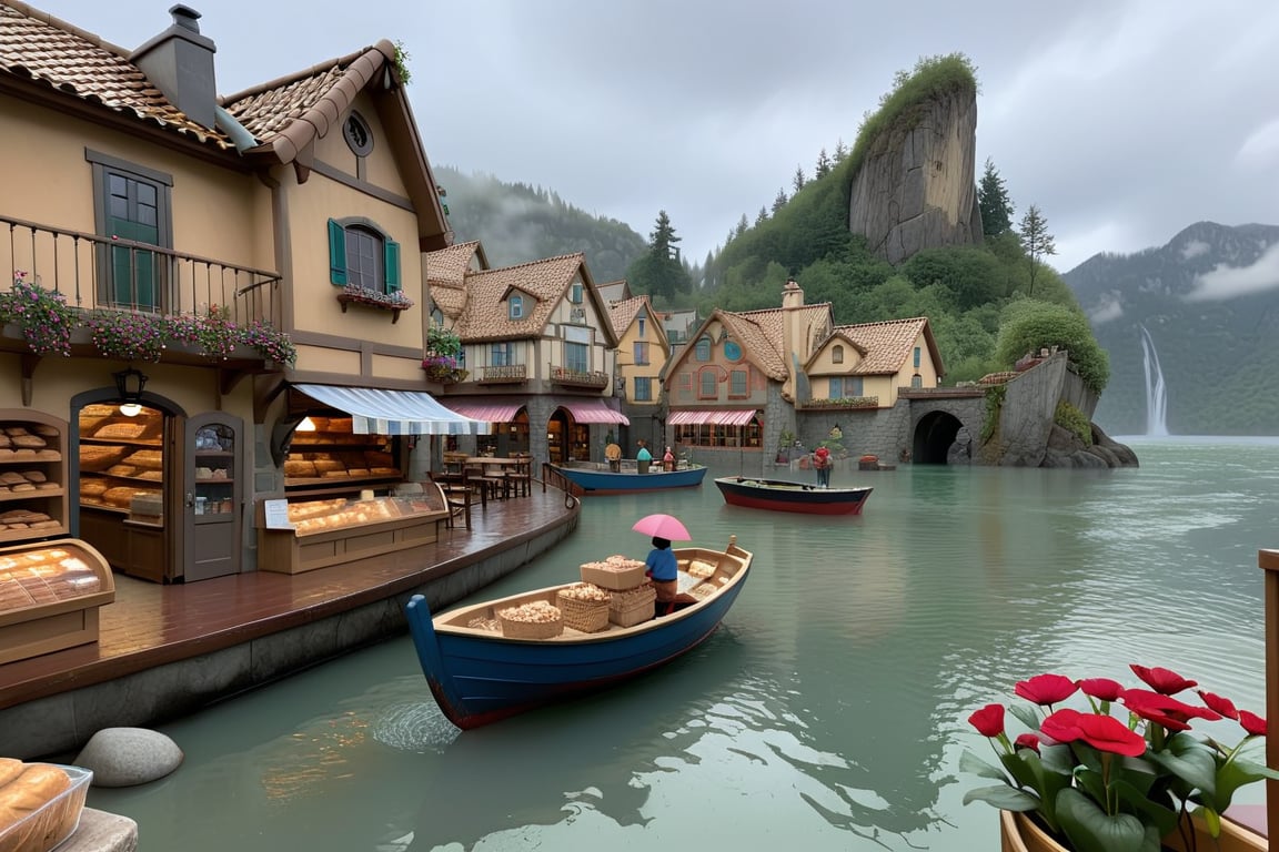 It was cloudy and rainy, with familiar sounds and sights, cartoons and Disney, mountains and sea ((someone was sitting on a boat fishing)), and a bakery, bookstore, flower shop, and restaurant in the village.