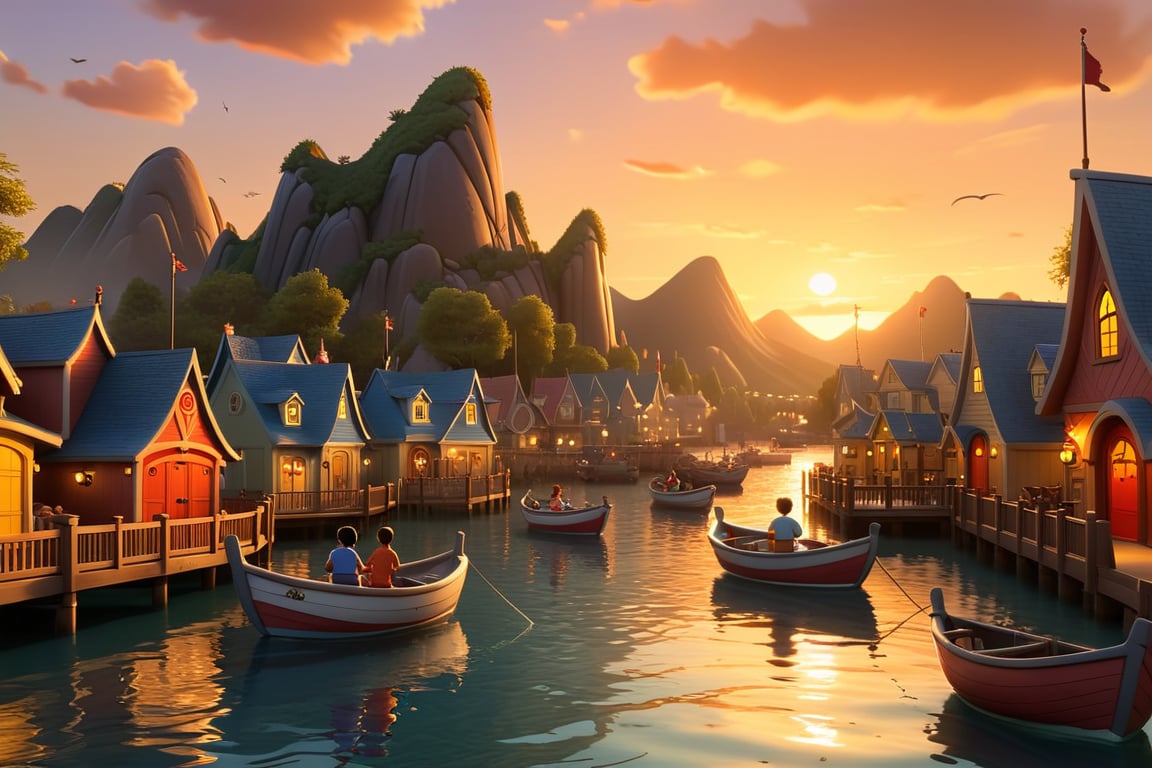 When the sun sets below the horizon, in the cartoon Disney Village, there are mountains and seas, familiar sounds and sights, boats, and people fishing on the shore, and they catch big fish.