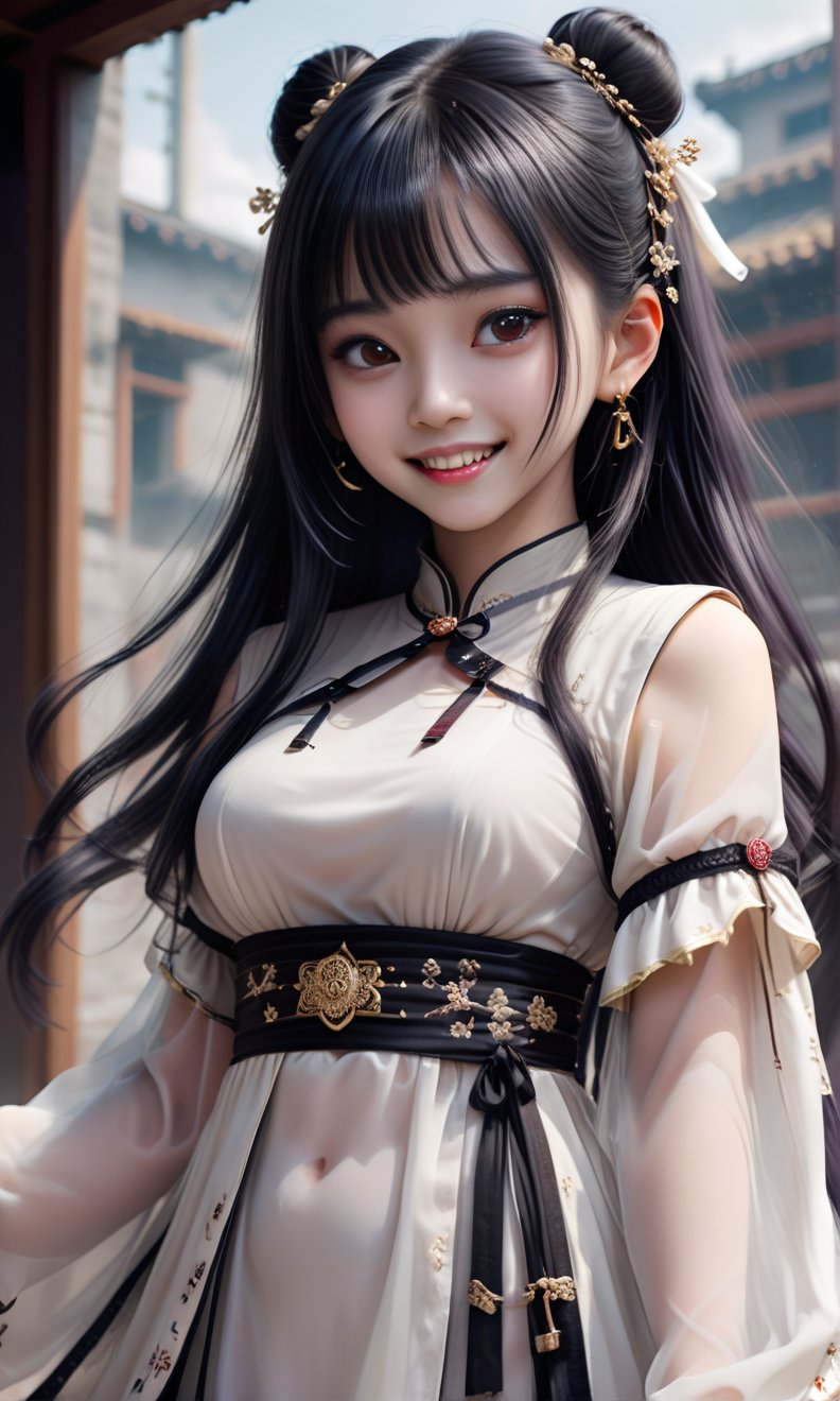 (masterpiece, best quality, ultra-detailed, best shadow), (beautiful detailed face), high contrast, (best illumination, an extremely delicate and beautiful), ((cinematic light)), colorful, hyper detail, dramatic light, intricate details, fantasy, (1,25 year old girl, toothy smile,black hair,big black eyes, flat chest, (sleeves transparent light brown hanfu:1.3), dynamic angle), depth of field,golden light particles,magic circle,hyper detailed, highly detailed , beautiful, toothy small details, ultra detailed, best quality, 4k, (good anatomy), more detail XL, opaque dress, cut sleeves, black hair, black eyes, long hair, straight hair,  jewelry, earrings, hair accessories , jewelry