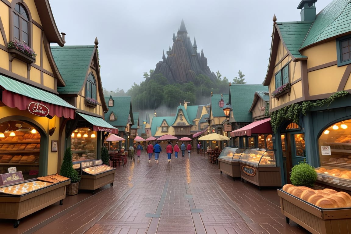 In the cartoon Disney village, there are cloudy days and heavy rain, and there are familiar sounds and sights. There are mountains, seas, boats, bakeries, bookstores, flower shops, and coffee restaurants.