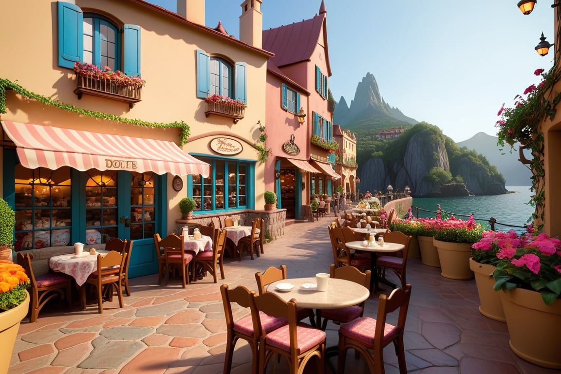 As the sun dipped below the horizon, the village has bakeries, bookstores, restaurants, flower pots and gardens, mountains and sea, the familiar sounds and sights. cartoonish disney, there is a boat, there are round tables outside the cake shop, and people are sitting and eating cake and coffee