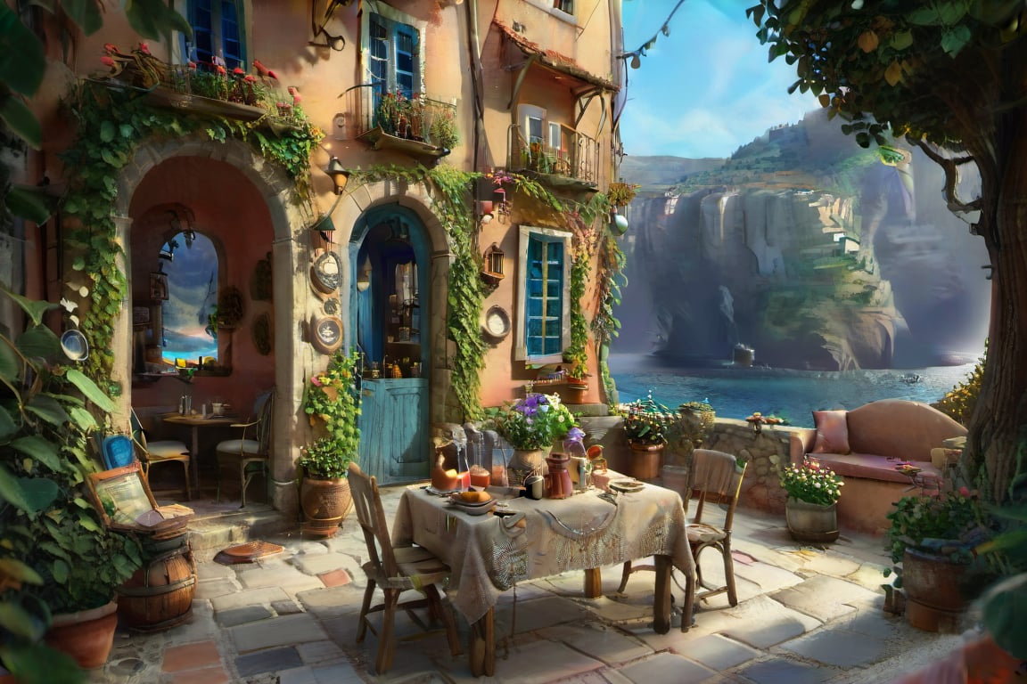 ((ultra ARTISTIC sketch)), (artistic sketch art) a magical Evening A MAGICAL GREEK BAKERY SHOP TERRACE Shabby chic, romantic, cozy, warm MAGICAL beach BEHIND. Cushions, blankets lovely garden in front, vine on the walls, morning light, beautiful terrace, Garden outside bakery,There are bread and coffee pot on the table,brilliant SUNSET EVENING NIGHTFALL magical TWILIGHT light, afternoon light, afternoon sun, garden environment, cozy place, lush flowers outdoors, afternoon light, ivy, bonsai, table, stool, Intricate and detailed atmospheric refractive lighting of Unreal Engine 5 movie concept photography masterpiece Octane renders trends on CGSocietybest realistic, best details, best quality, 16k, [ultra detailed], masterpiece, best quality, (extremely detailed), ultra wide shot, photorealism, depth of field, hyper realistic painting, 3d rendering mysterious, Breathtaking VieW, Jean-Baptiste Monge, Kukharskiy Igor, Thomas wells schaller style, magical scenery, Nazar Noschenko Modifiers: dof trending on cgsociety fantastic view ultra detailed 4K 3D whimsical Storybook beautifully lit etheral Quirky Exquisite highly intricate stunning color depth outstanding cute illustration cuteaesthetic shadow play The mood is Mysterious and Spellbinding, with a sense of otherworldliness, macro photography style LEONARDO DIFFUSION XL STYLE