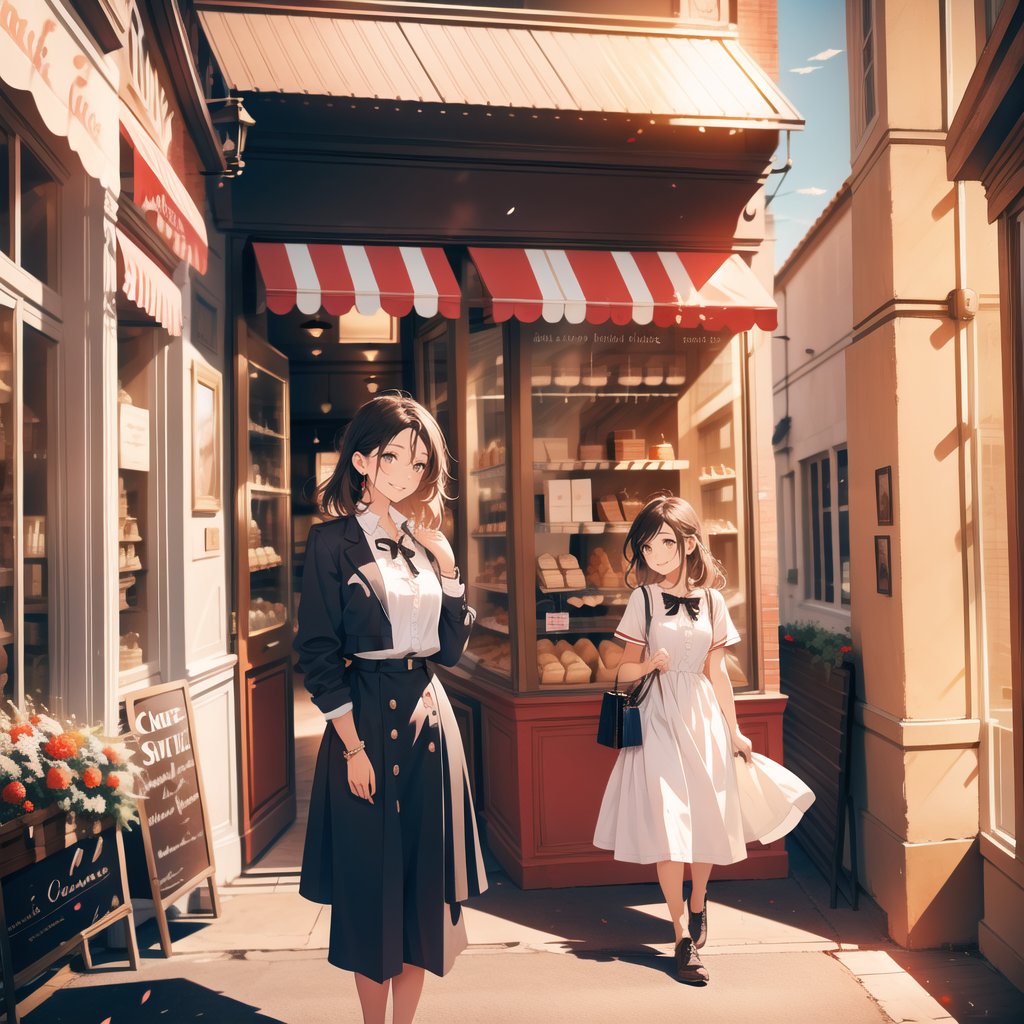 Masterpiece, Top Quality, High Definition, Artistic Composition, One Girls, French Bakery, Shopping Inside, Old Building, Looking Away, Smiling, Casual Fashion, Bold Composition, High Contrast, Portrait