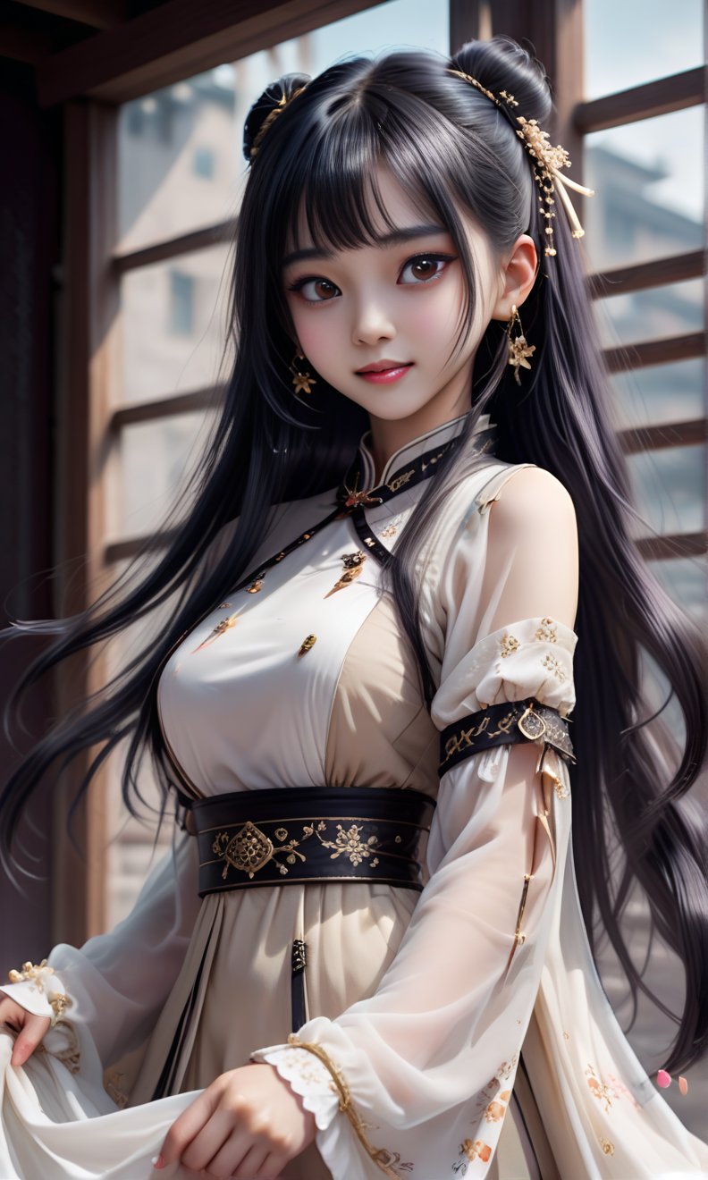 (masterpiece, best quality, ultra-detailed, best shadow), (beautiful detailed face), high contrast, (best illumination, an extremely delicate and beautiful), ((cinematic light)), colorful, hyper detail, dramatic light, intricate details, fantasy, (1,25 year old girl, toothy smile,black hair,big black eyes, flat chest, (sleeves transparent light brown hanfu:1.3), dynamic angle), depth of field,golden light particles,magic circle,hyper detailed, highly detailed , beautiful, toothy small details, ultra detailed, best quality, 4k, (good anatomy), more detail XL, opaque dress, cut sleeves, black hair, black eyes, long hair, straight hair,  jewelry, earrings, hair accessories , jewelry