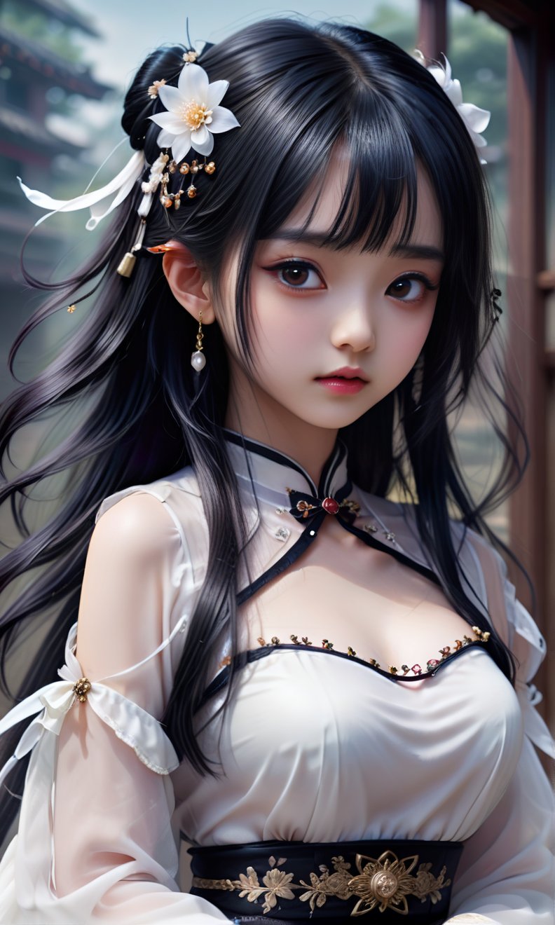 (masterpiece, best quality, ultra-detailed, best shadow), (beautiful detailed face), high contrast, (best illumination, an extremely delicate and beautiful), ((cinematic light)), colorful, hyper detail, dramatic light, intricate details, fantasy, (1,25 year old girl, black hair,big black eyes, small breasts, (sleeves transparent white hanfu:1.3), dynamic angle), depth of field,golden light particles,magic circle,hyper detailed, highly detailed , beautiful, small details, ultra detailed, best quality, 4k, (good anatomy), more detail XL, opaque dress, cut sleeves, black hair, black eyes, long hair, straight hair, happy_face, jewelry, earrings, hair accessories , jewelry