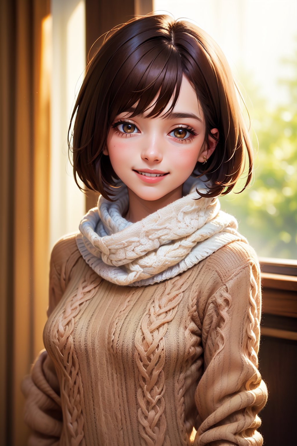 (masterpiece, best quality, hires, high resolution:1.2), (beautiful, aesthetic, perfect, delicate, intricate:1.2), (cute, adorable), (depth of field:1.2), (1girl, solo), (a mature woman), (brown short hair),(scarf), (knit sweater:1.2),(smile),(upper body),(small breasts)