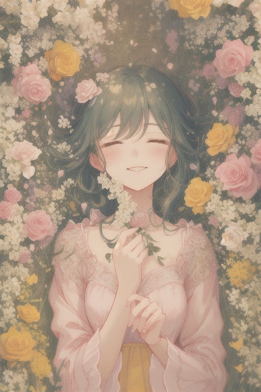 "A beautiful blonde girl with closed eyes, lying in a field of colorful roses. The scene is romantic and dreamy with a mystical atmosphere, capturing the essence of spring. The lighting is soft, highlighting her delicate features and gentle smile, creating an ethereal and serene image with pastel colors."